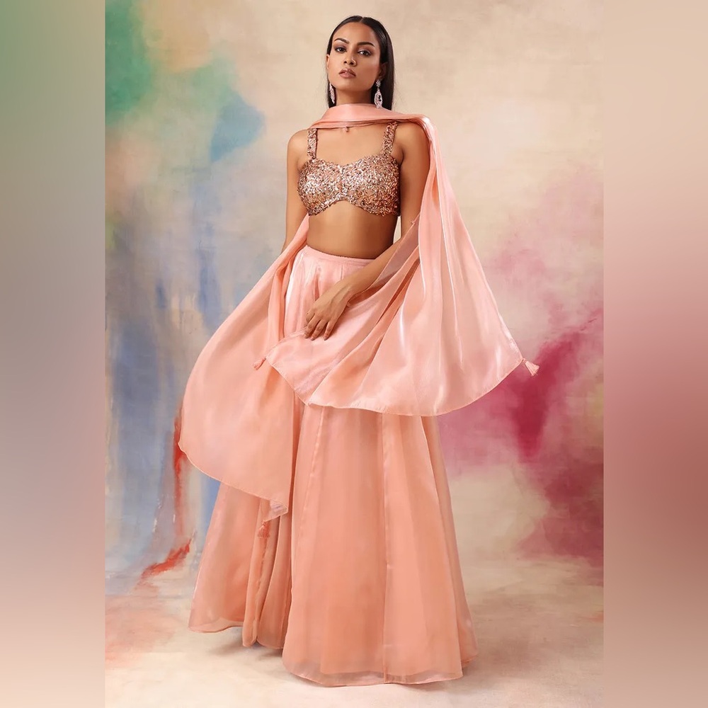 Peach Glossy Lehenga Set With Sequin Embroidered Blouse And Dupatta